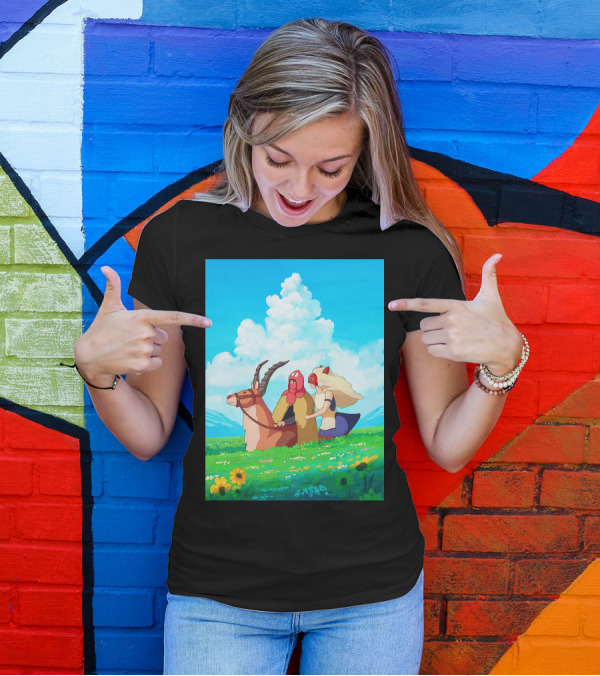 Princess Mononoke San And Ashitaka Riding Yakul In Floral Field T-Shirt