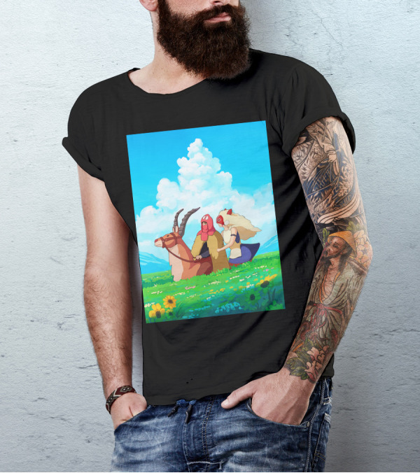 Princess Mononoke San And Ashitaka Riding Yakul In Floral Field T-Shirt