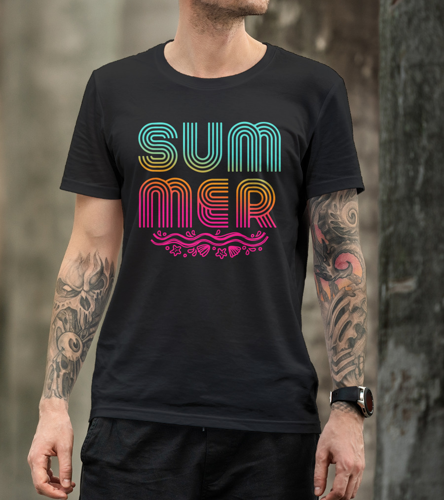 SUMMER Neon Vibrant Wave Shells Stars T-Shirt