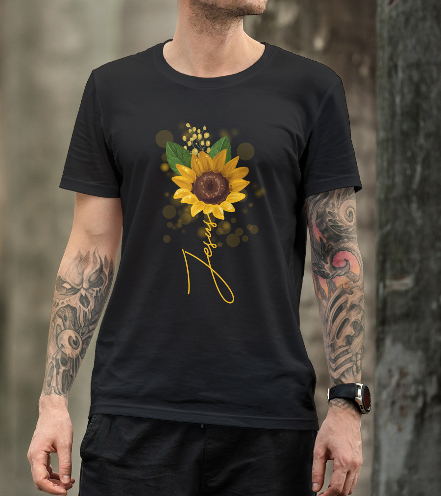 Sunflower Jesus Artistic Typography With Vibrant Floral T-Shirt