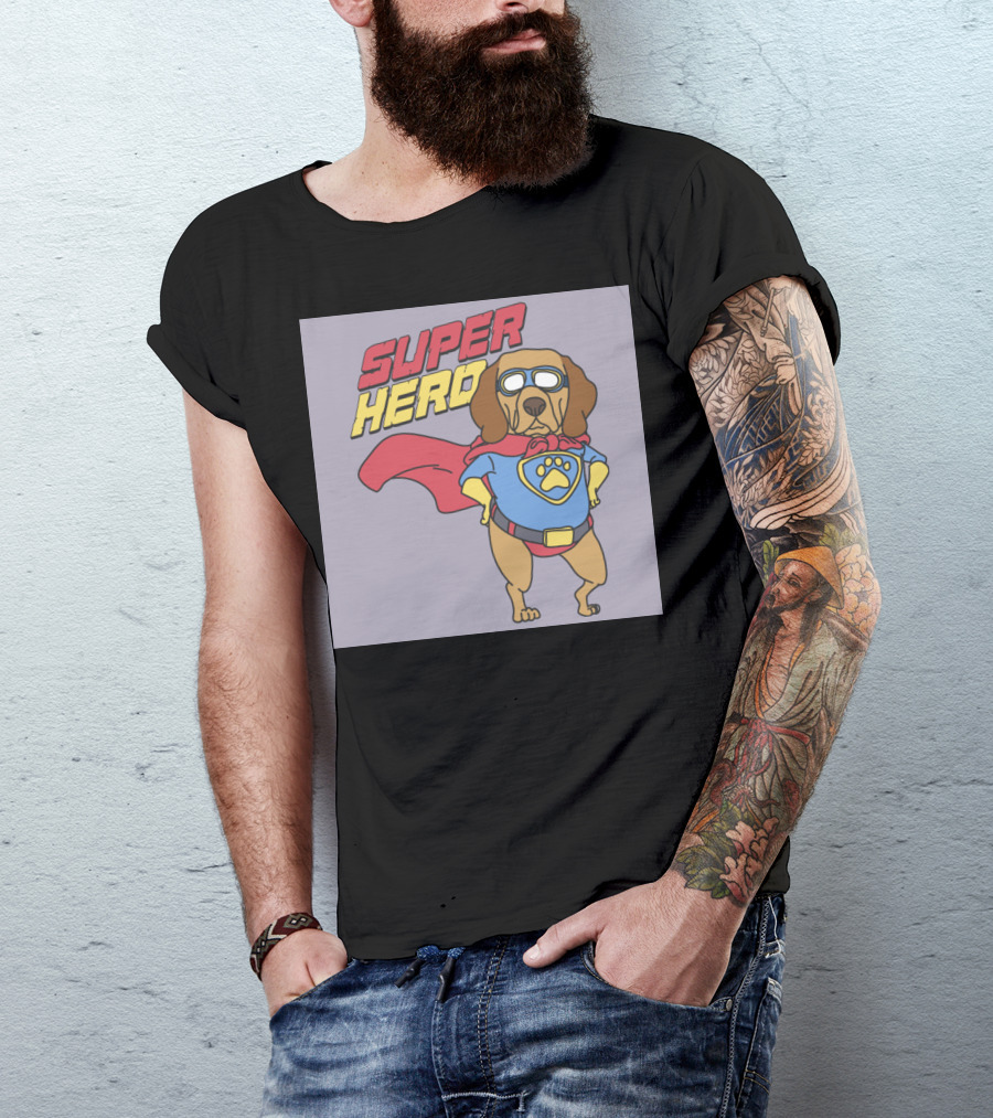 Super Hero Dog With Cape And Mask Paw Emblem T-Shirt