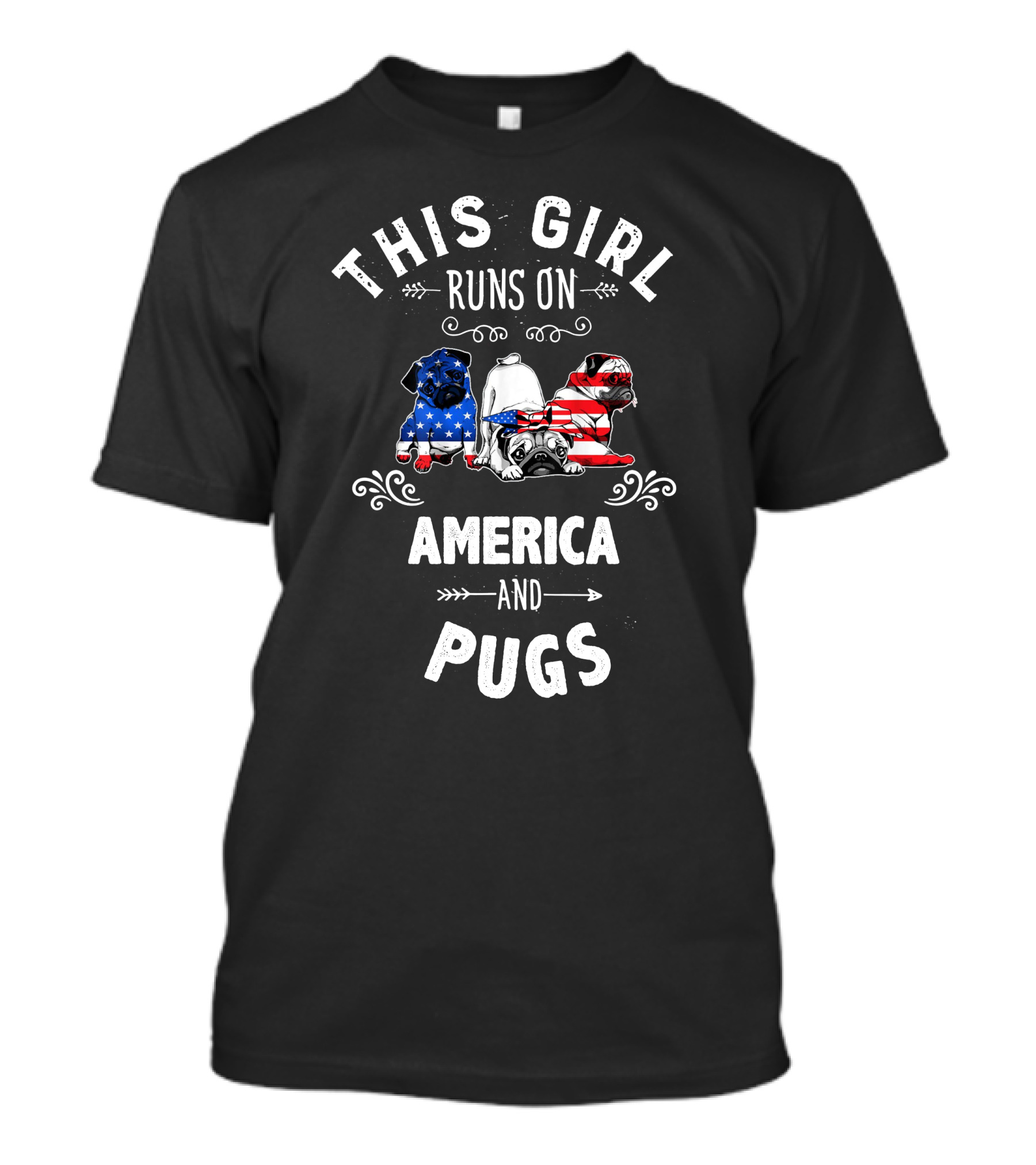 This Girl Runs On America And Pugs American Flag Patriotic Pug Trio T-Shirt