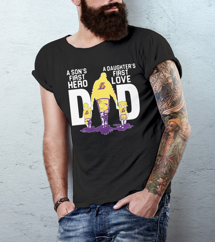 A Son's First Hero A Daughter's First Love Dad Gold And Purple Lakers T-Shirt