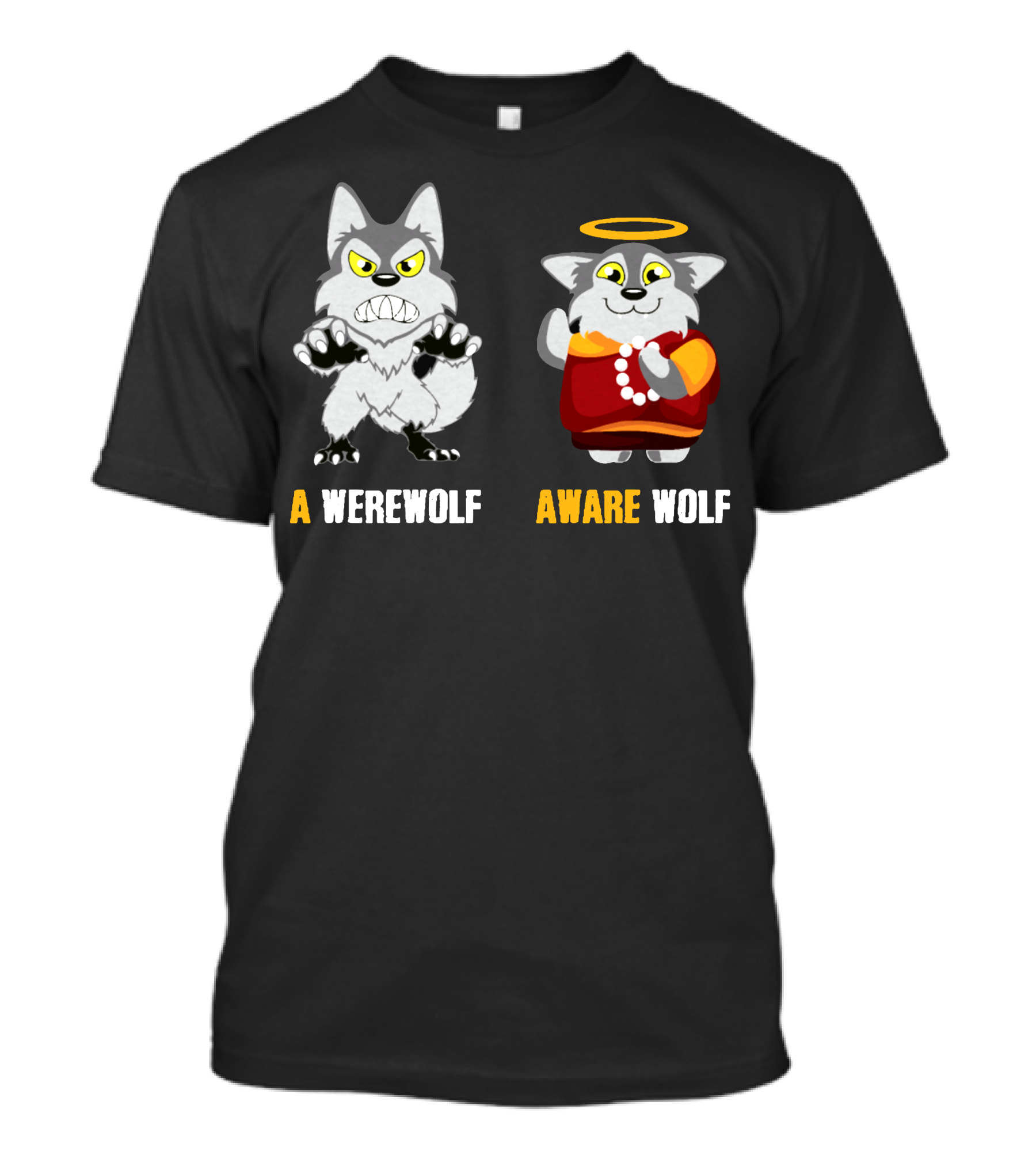 A Werewolf Aware Wolf Cartoon With Halo And Pearls T-Shirt