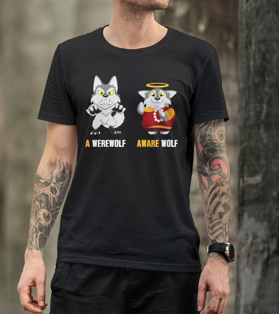 A Werewolf Aware Wolf Cartoon With Halo And Pearls T-Shirt