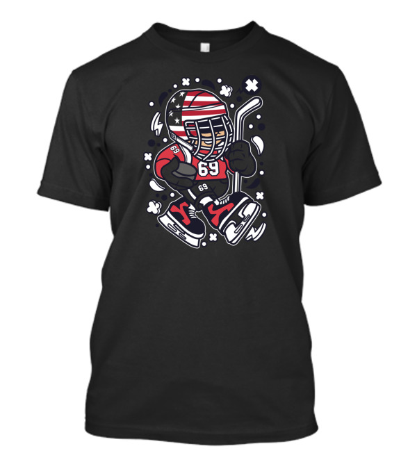 USA Hockey Player Cartoon With American Flag Helmet And Number 69 T-Shirt