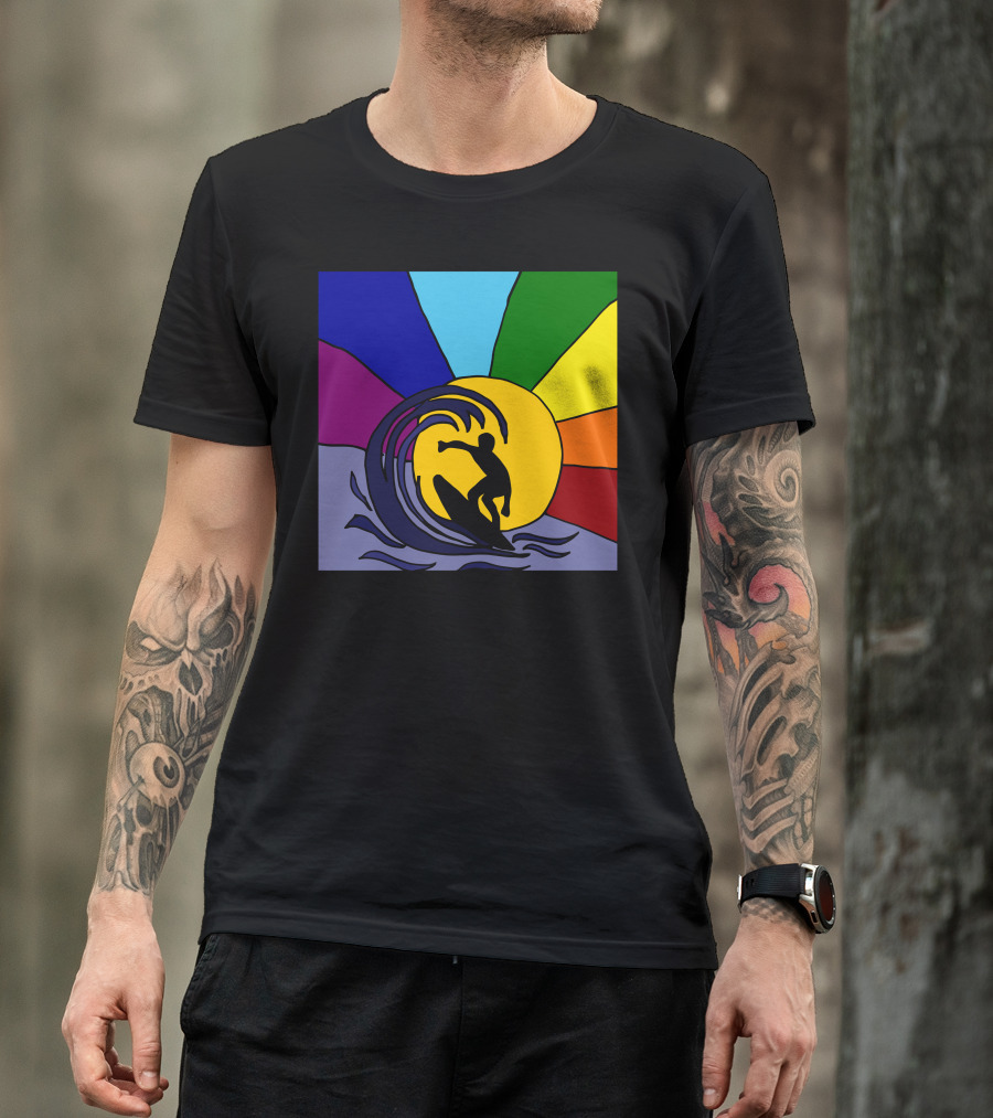 Awesome Surfer Riding Waves Against Sunset Rainbow Burst T-Shirt