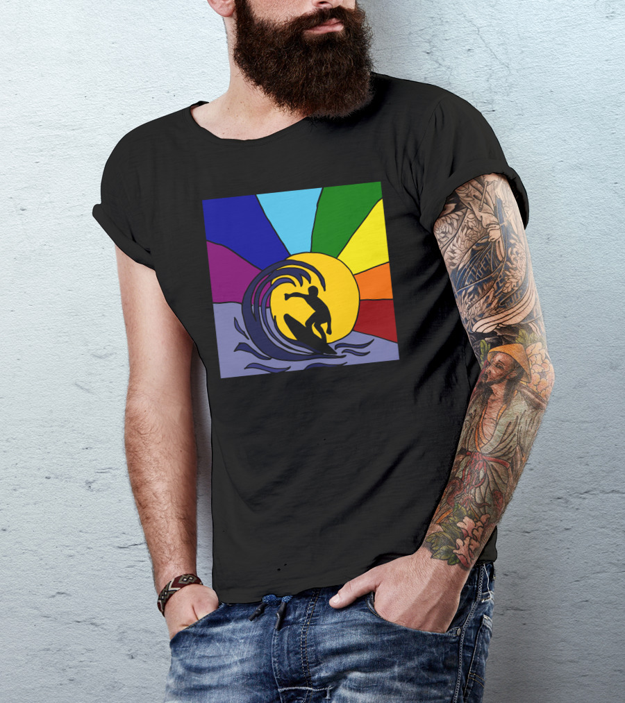 Awesome Surfer Riding Waves Against Sunset Rainbow Burst T-Shirt