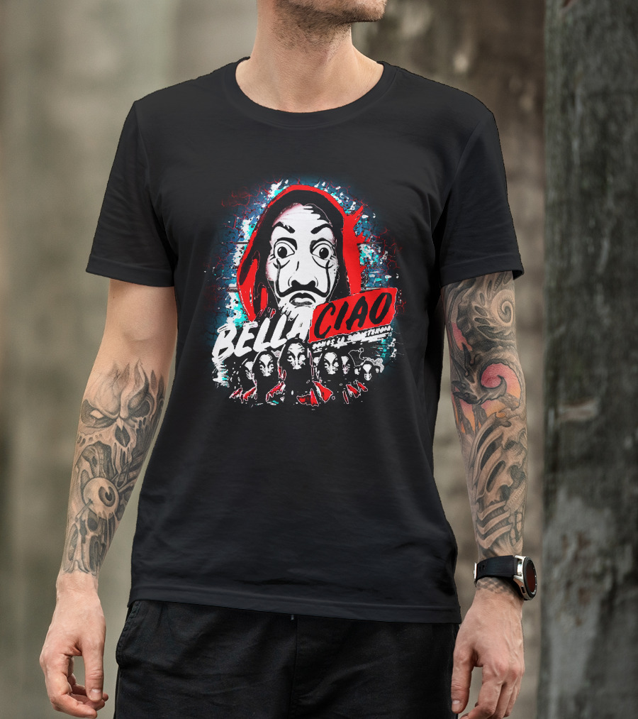 Bella Ciao Mask Art With Group Textures And Red T-Shirt