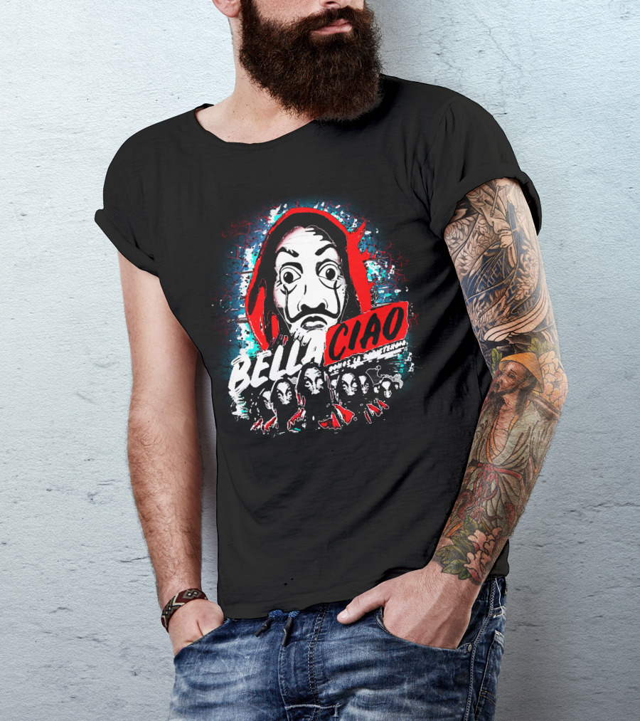 Bella Ciao Mask Art With Group Textures And Red T-Shirt