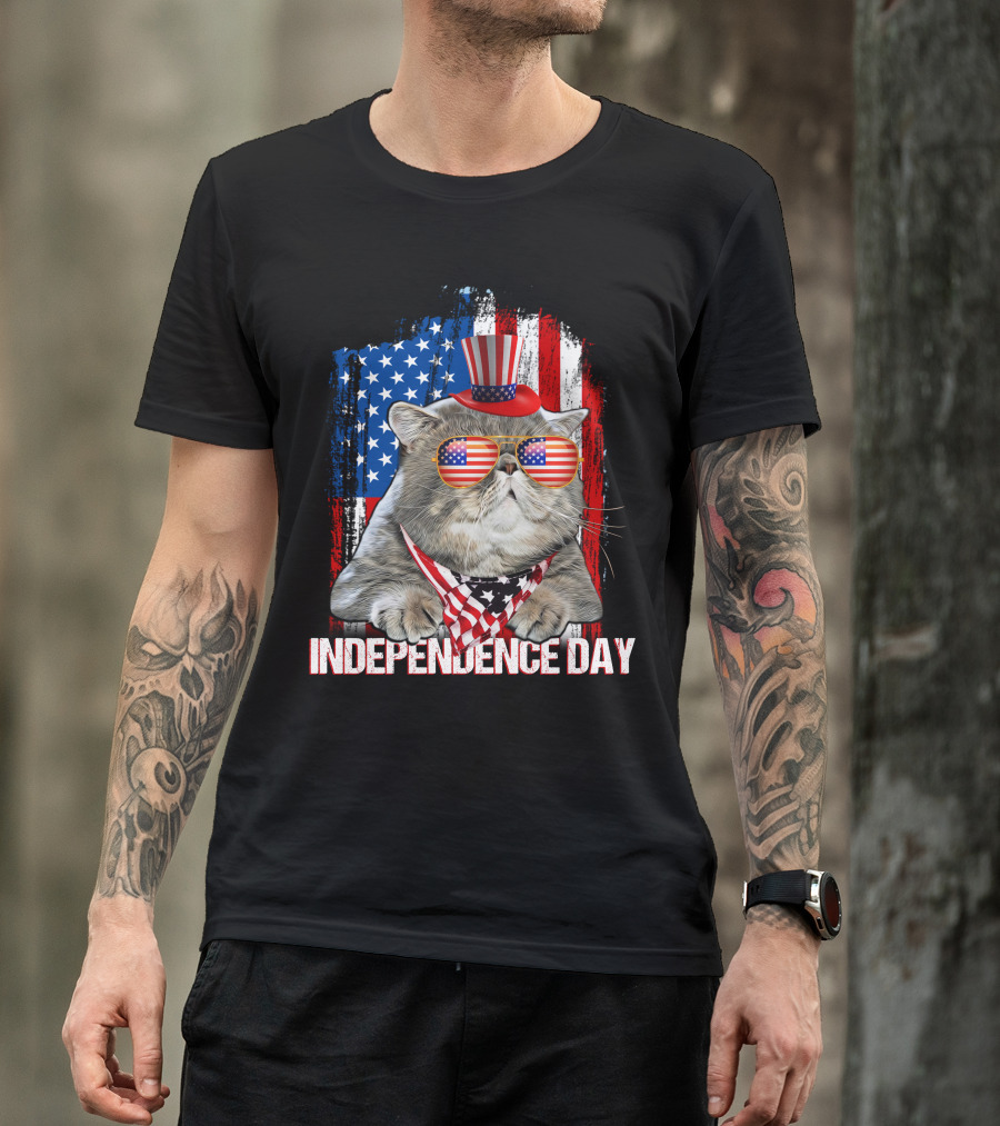Cat Independence Day 4th Of July American Flag Patriotic Hat And Sunglasses T-Shirt