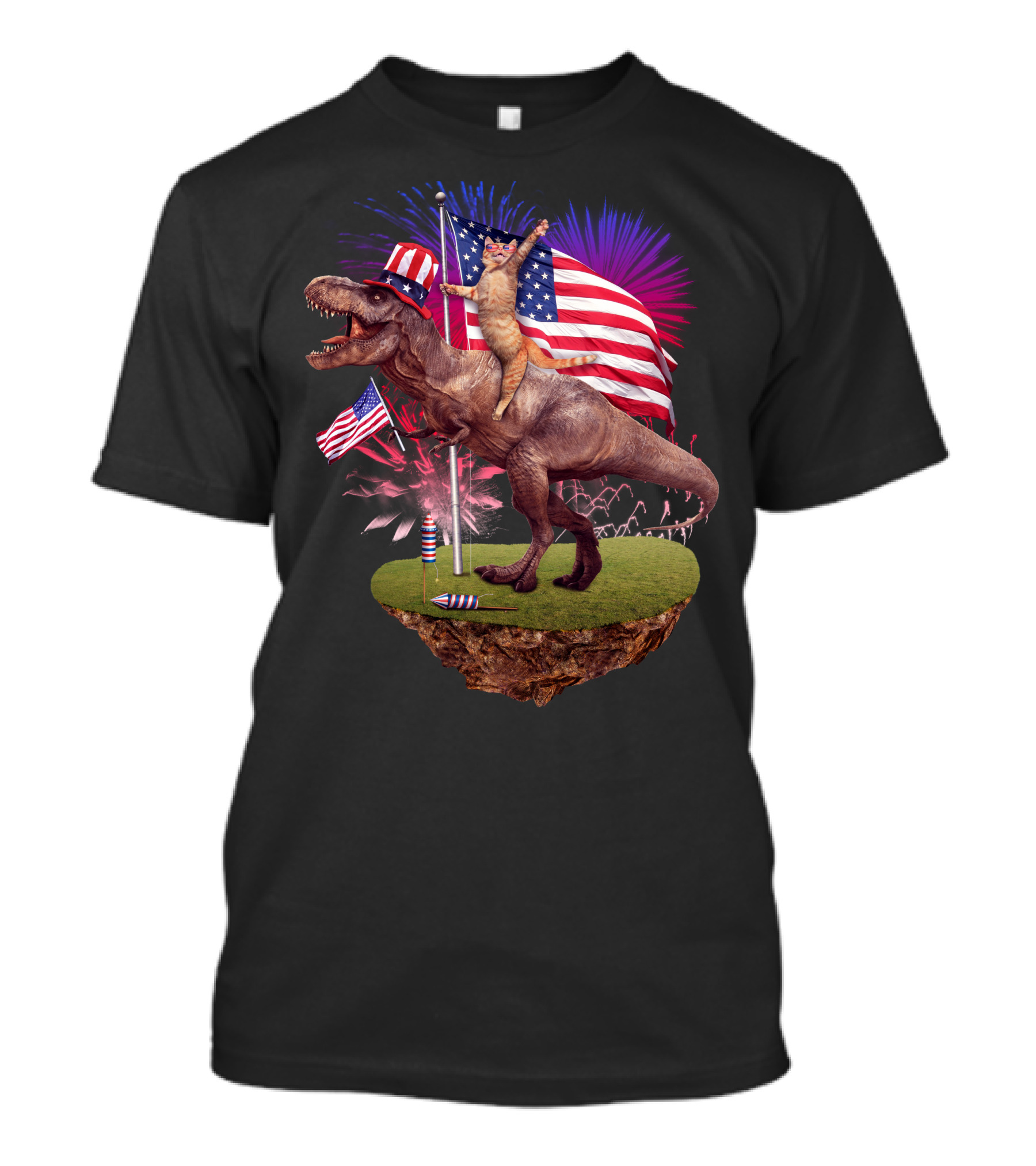Cat Riding Dinosaur With American Flags And Fireworks For 4th Of July T-Shirt
