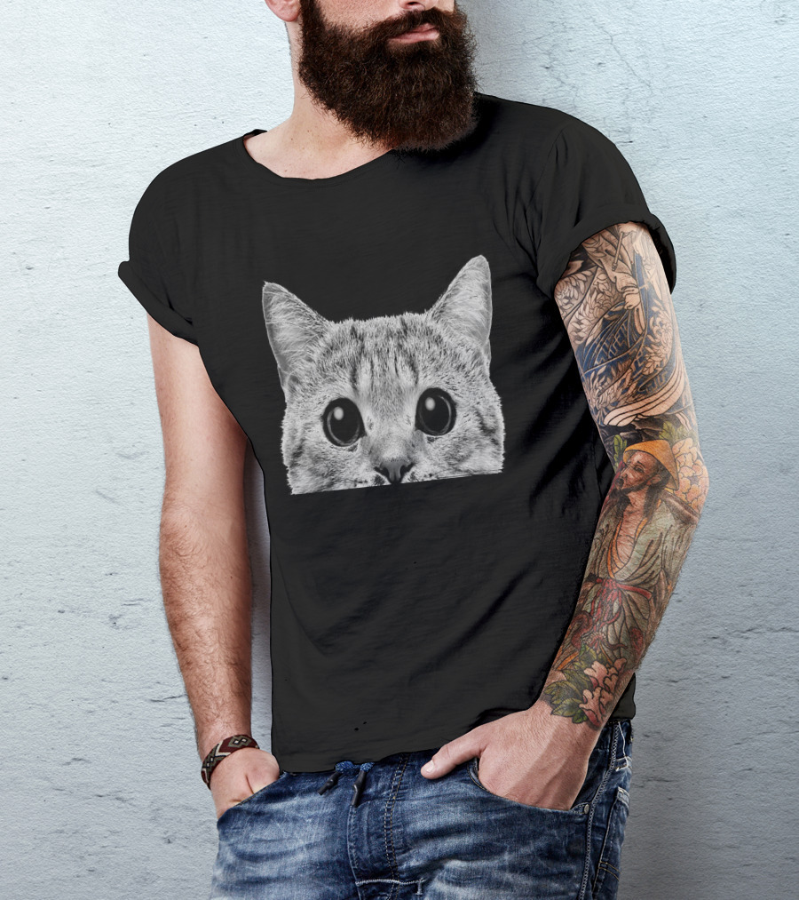 Catty Big-Eyed Cat Peeking Out Cute Black And White Feline T-Shirt