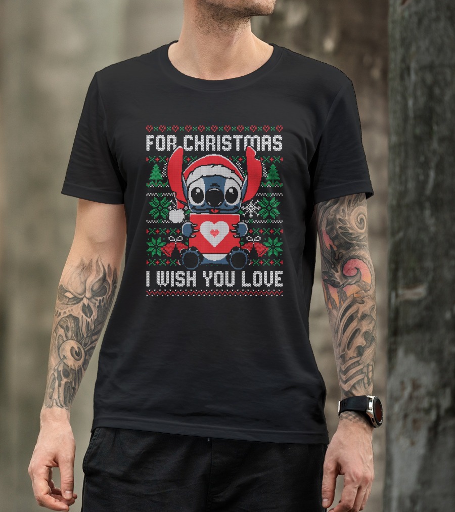 For Christmas I Wish You Love Stitch Santa Hat Heart T-Shirt