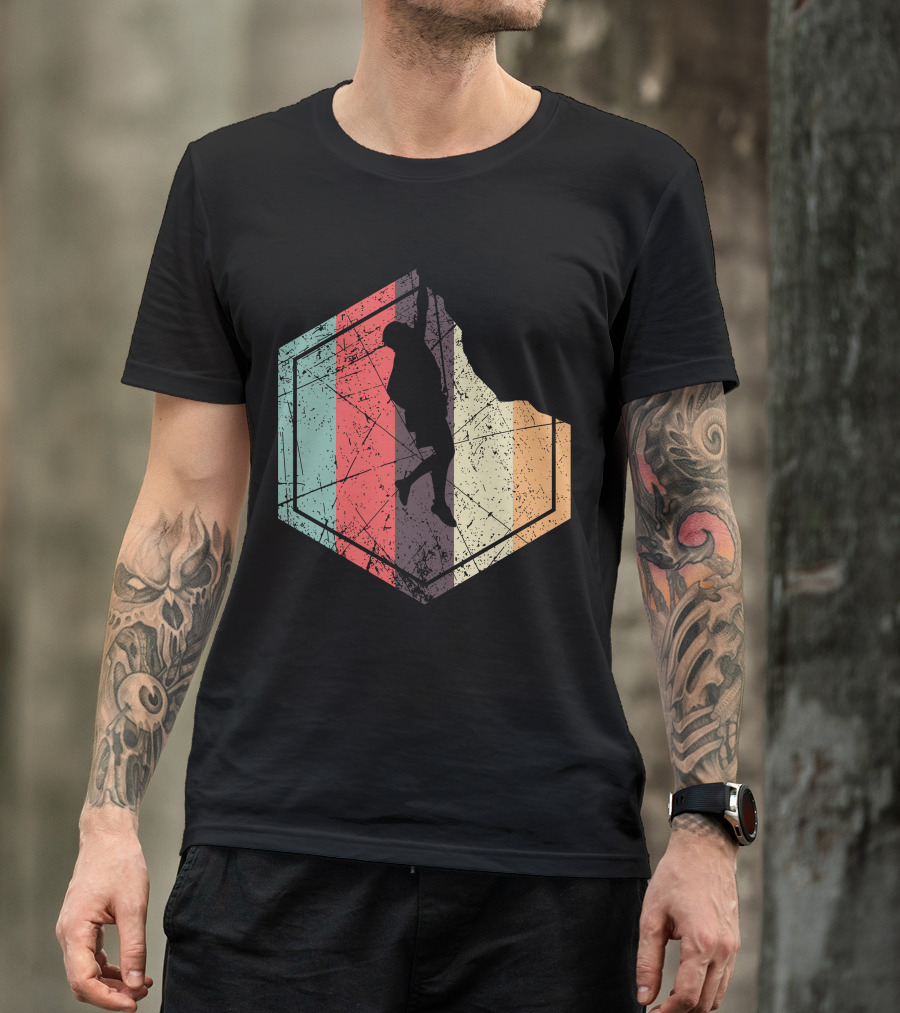 Climber Retro Hexagon Silhouette On Distressed Stripes T-Shirt