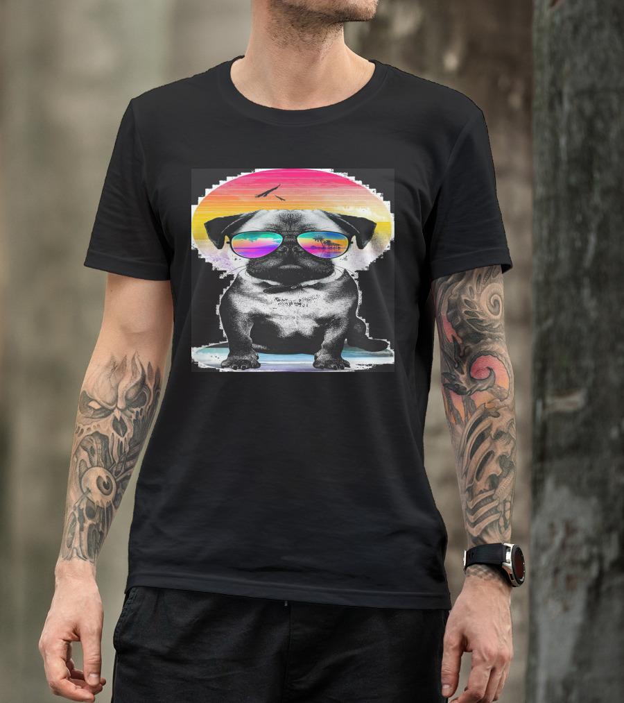 Cooltuffy Neon Sunset Pug With Tropical Sunglasses T-Shirt