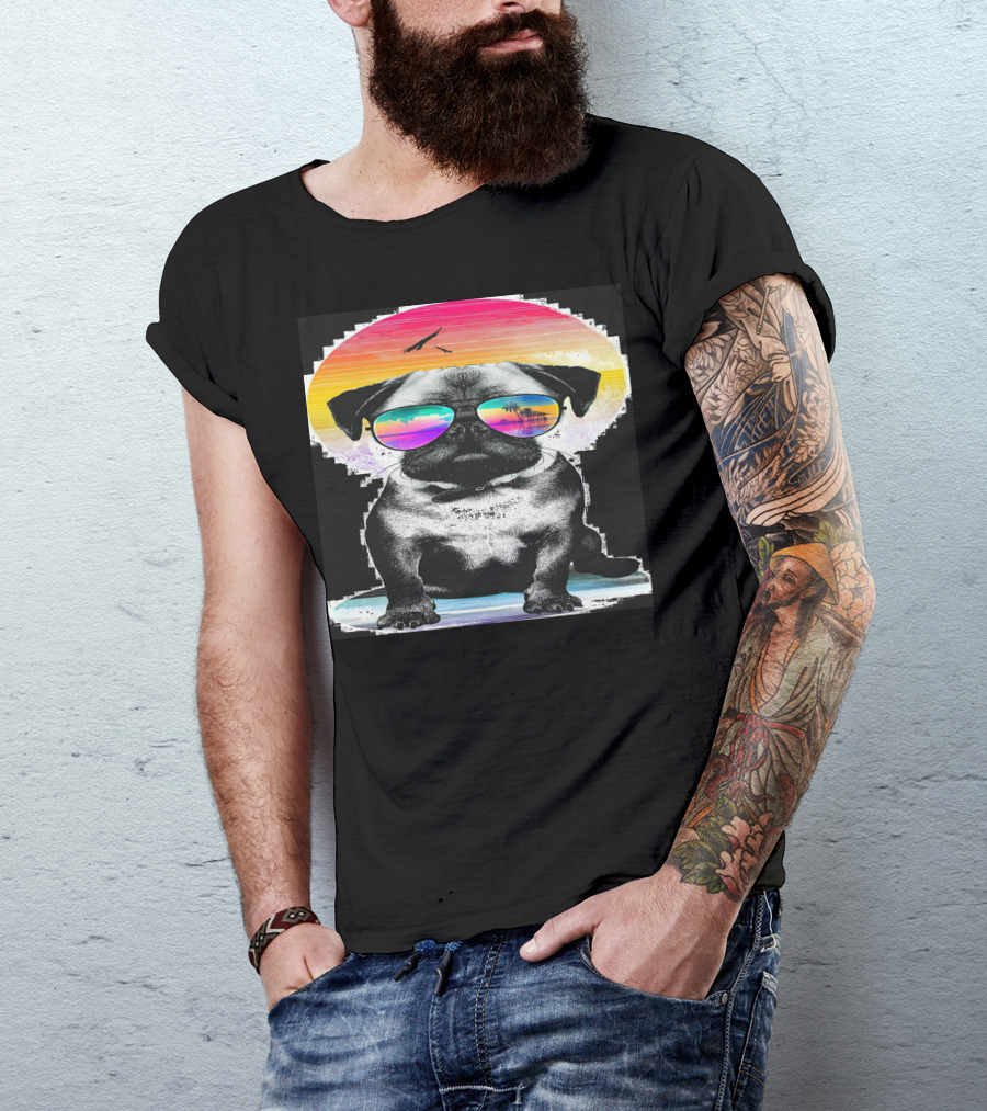 Cooltuffy Neon Sunset Pug With Tropical Sunglasses T-Shirt