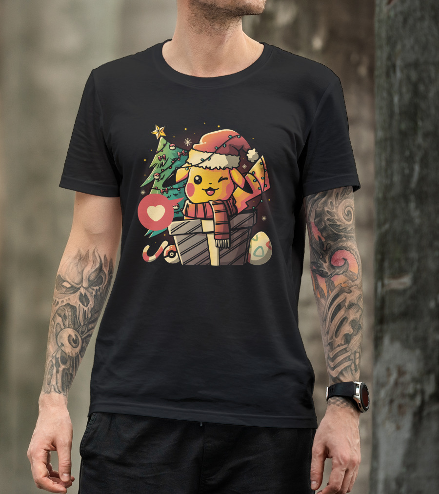 Pikachu Christmas Santa Hat Festive Holiday Gift Box Pokémon Inspired T-Shirt