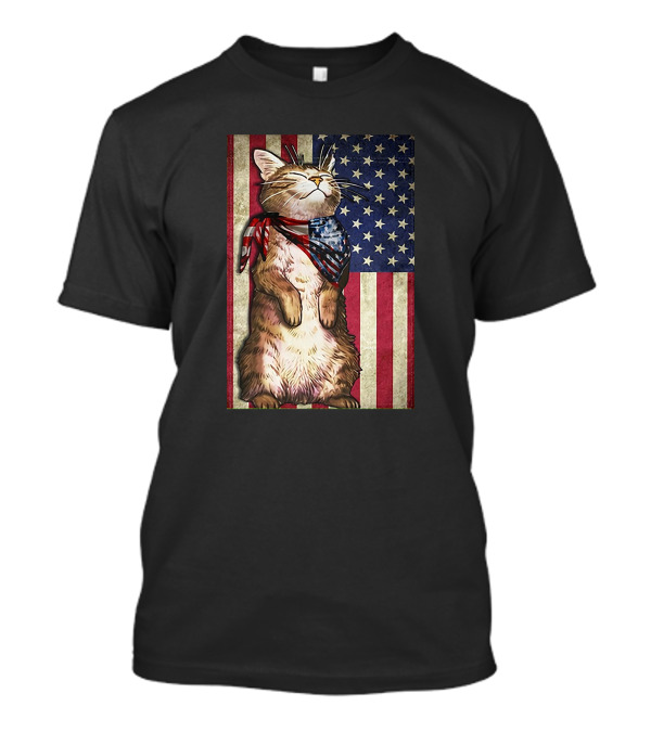 Cat With American Flag Background For Someone Who Loves Cat And The Country T-Shirt