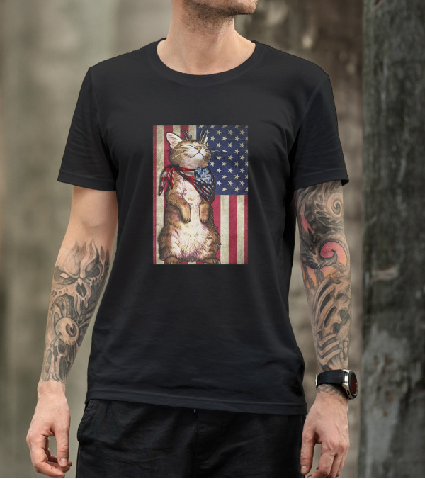 Cat With American Flag Background For Someone Who Loves Cat And The Country T-Shirt