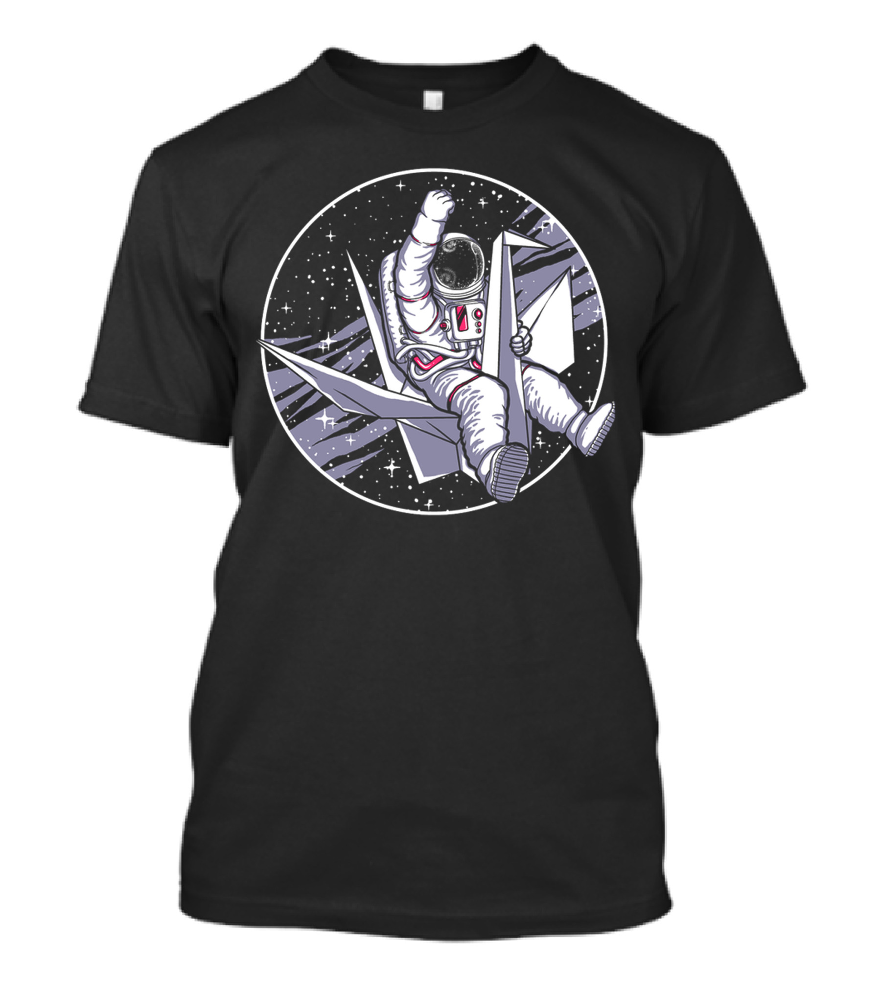Astronaut Riding Origami Crane Through Space T-Shirt