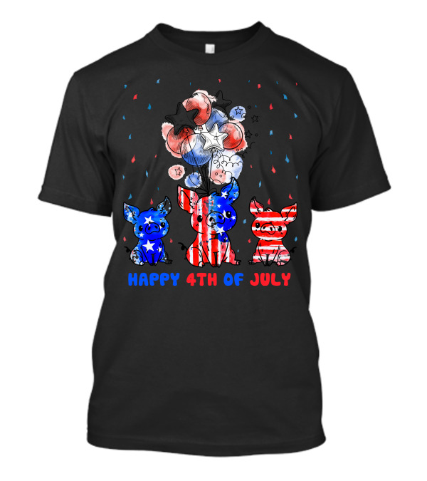 Happy 4Th Of July Pig Trio With Stars And Stripes Balloons And Fireworks T-Shirt