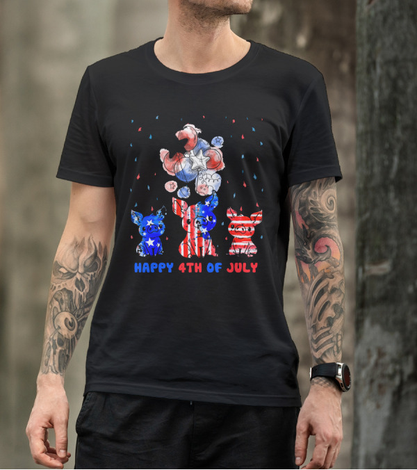 Happy 4Th Of July Pig Trio With Stars And Stripes Balloons And Fireworks T-Shirt