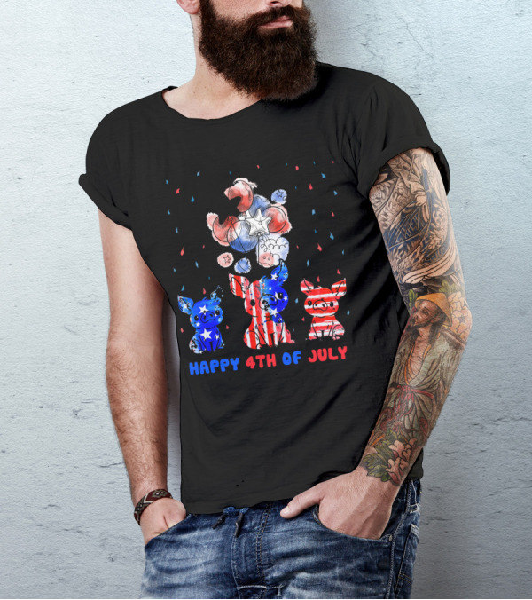 Happy 4Th Of July Pig Trio With Stars And Stripes Balloons And Fireworks T-Shirt