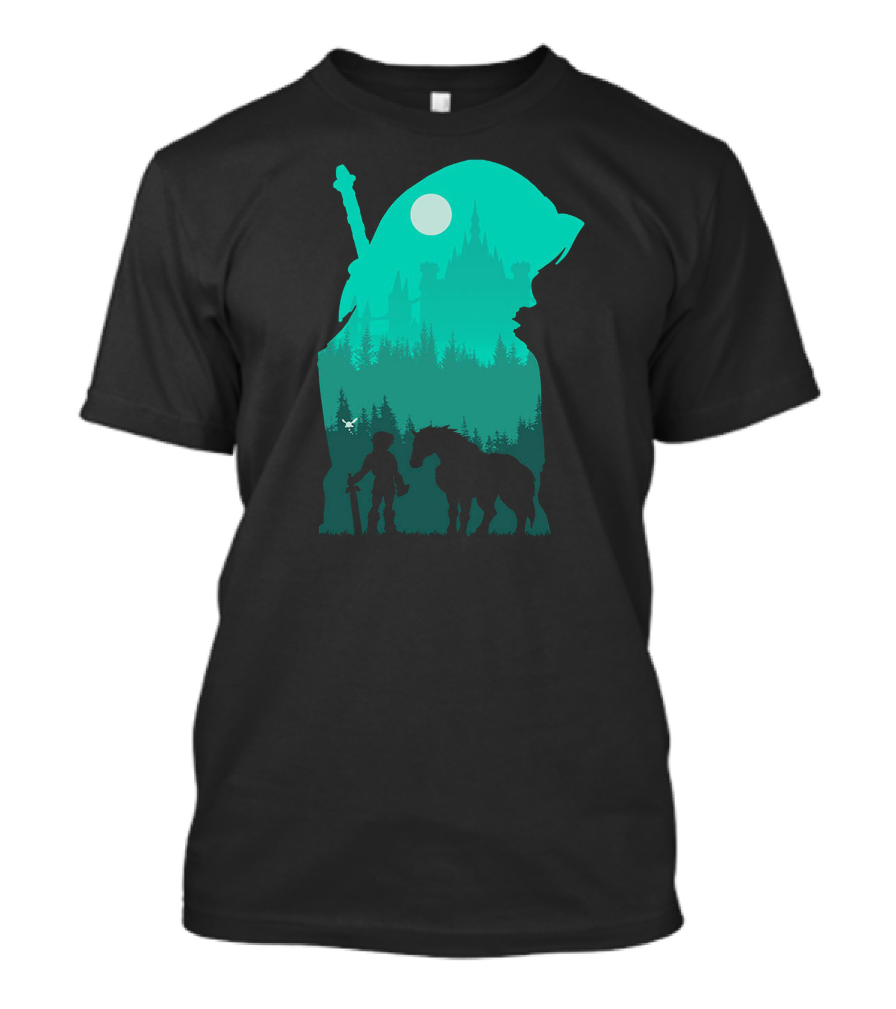 Hylian Hero Silhouette With Sword And Horse In Moonlit Forest Castle Scene T-Shirt