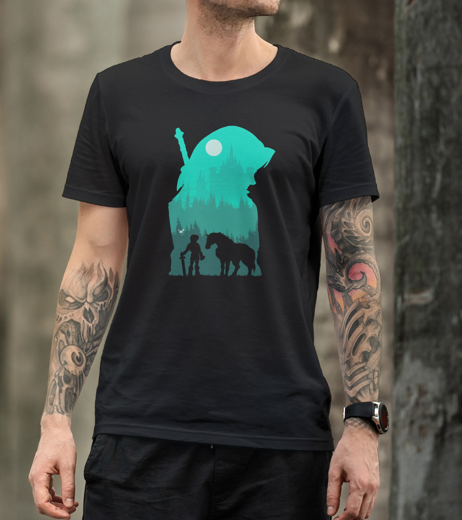 Hylian Hero Silhouette With Sword And Horse In Moonlit Forest Castle Scene T-Shirt