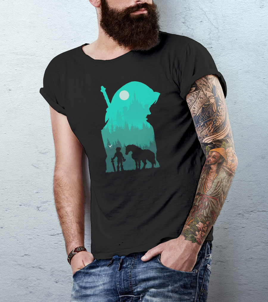 Hylian Hero Silhouette With Sword And Horse In Moonlit Forest Castle Scene T-Shirt