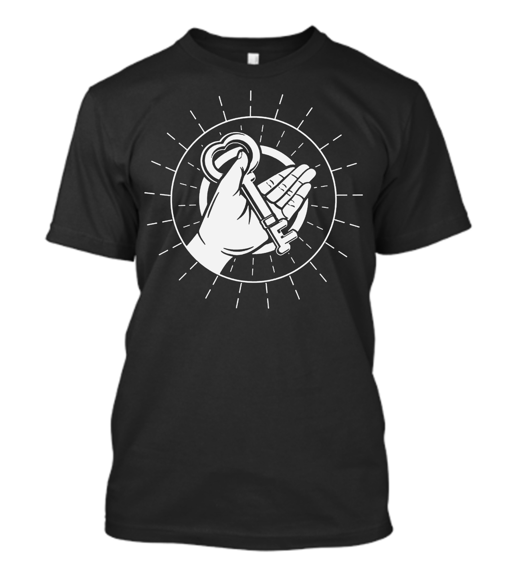 Key Of Life Hand Holding Heart Shaped Key Radiating Lines T-Shirt
