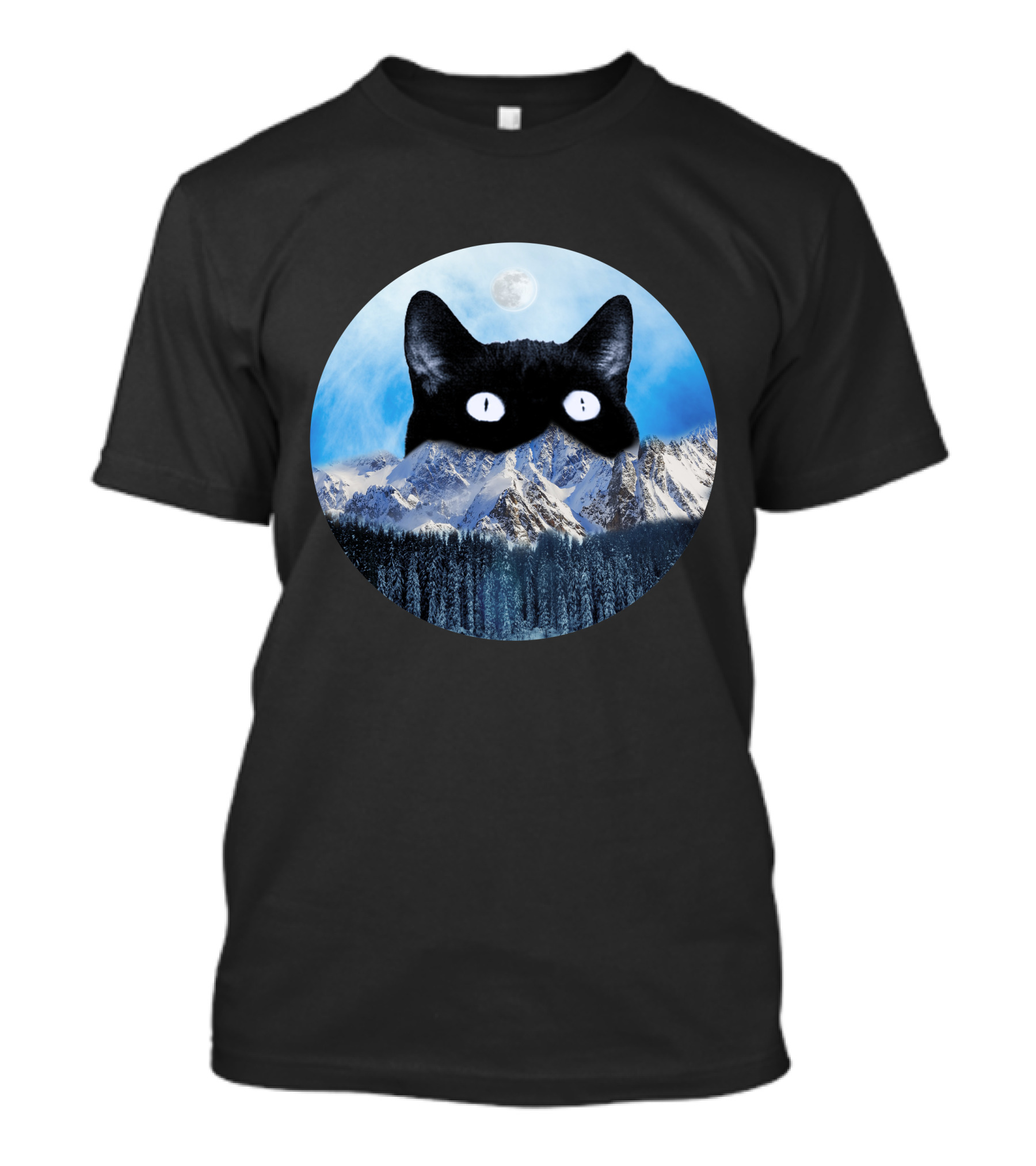 Meow Big Head Cat Moonlit Mountain Scene T-Shirt