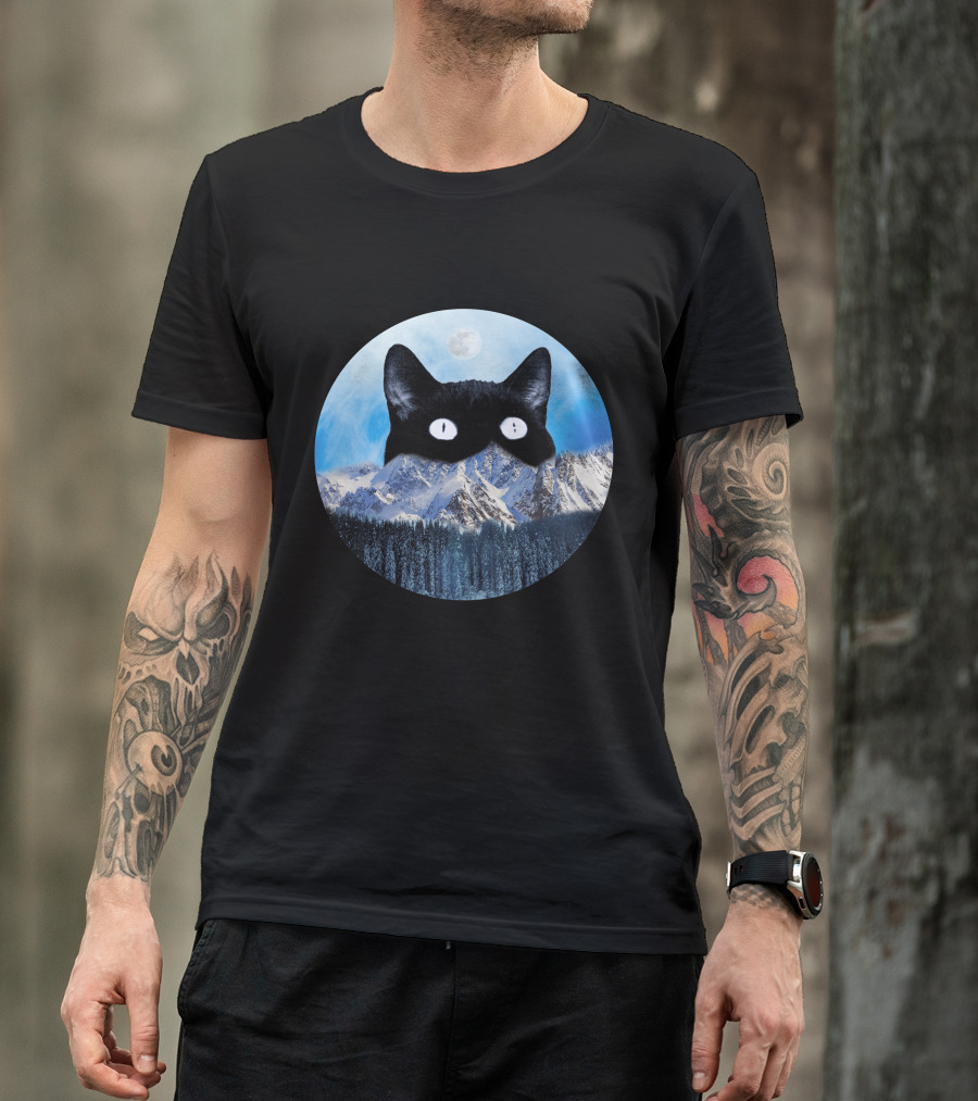 Meow Big Head Cat Moonlit Mountain Scene T-Shirt