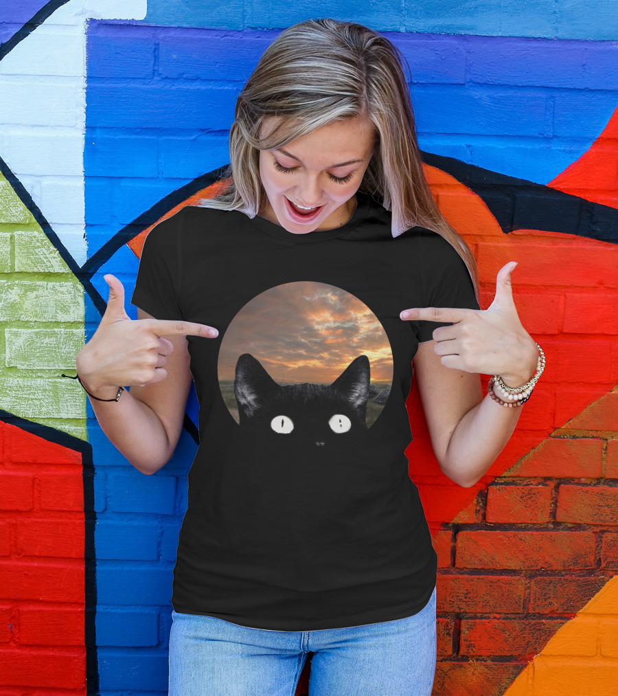Meow Big Head Cat Sunset Sky T-Shirt