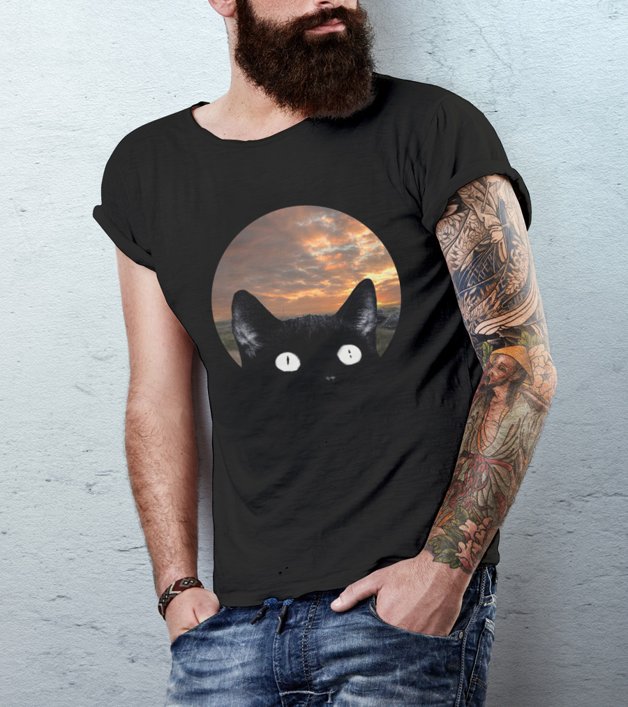 Meow Big Head Cat Sunset Sky T-Shirt