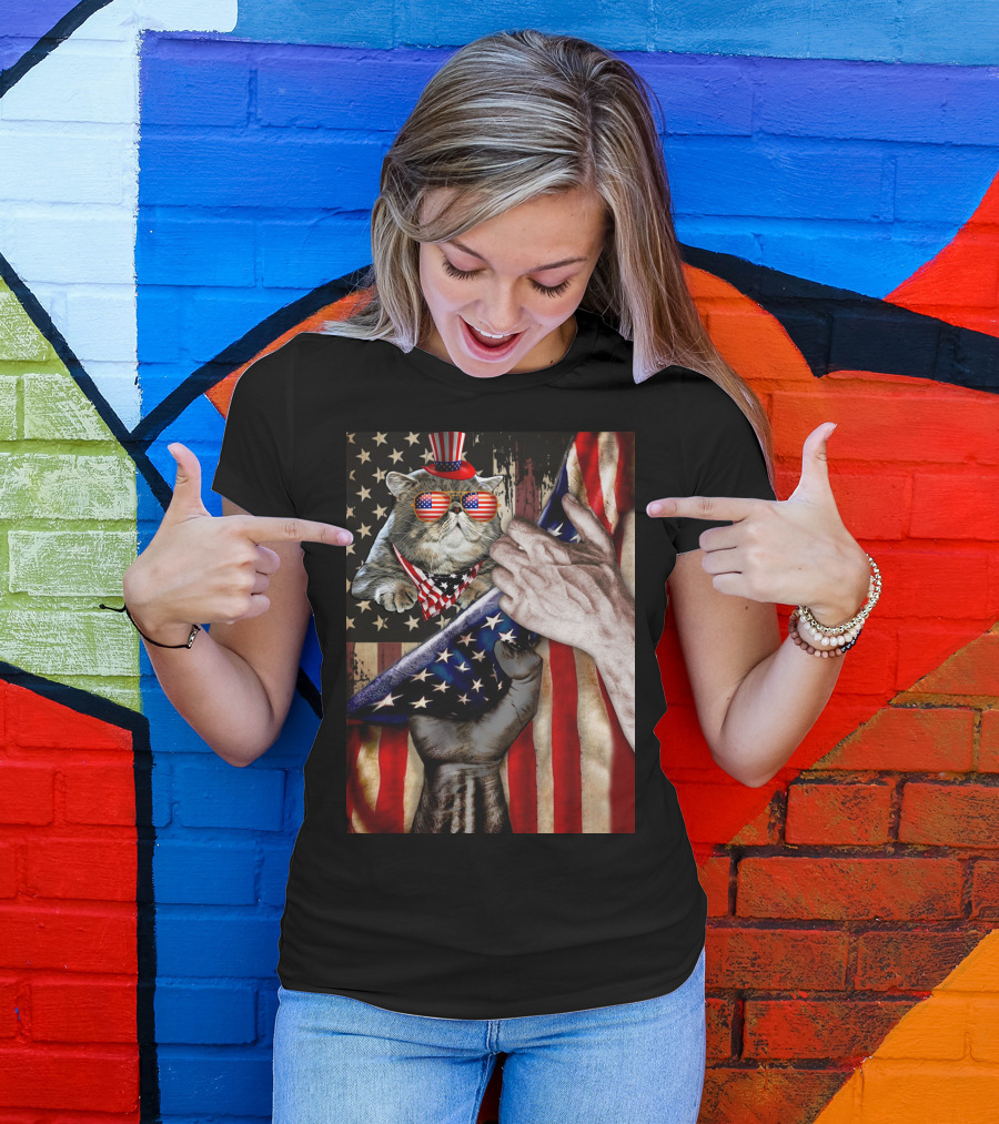 Meowica Cat 4th Of July American Flag Celebration With Patriotic Accessories T-Shirt