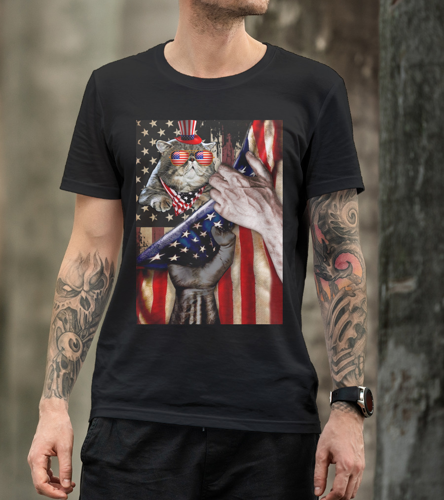 Meowica Cat 4th Of July American Flag Celebration With Patriotic Accessories T-Shirt