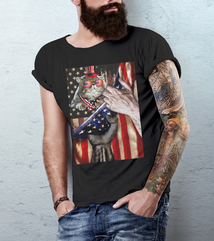 Meowica Cat 4th Of July American Flag Celebration With Patriotic Accessories T-Shirt