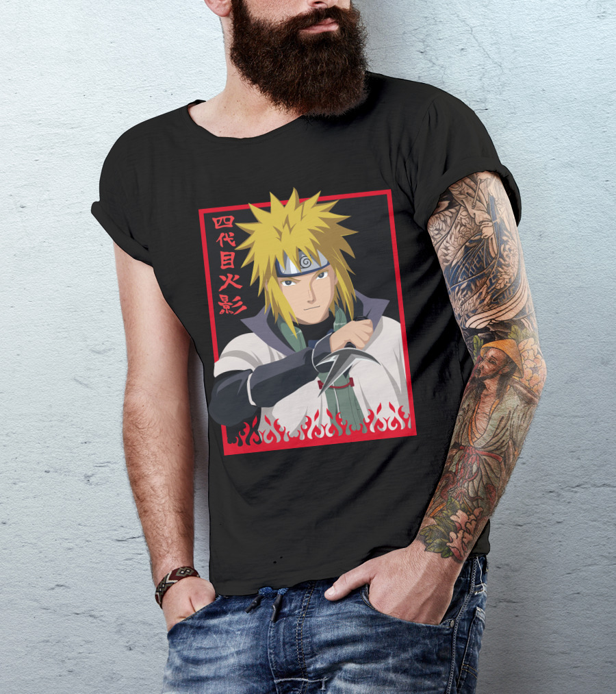 Minato Namikaze Fourth Hokage Kanji Flames Frame T-Shirt