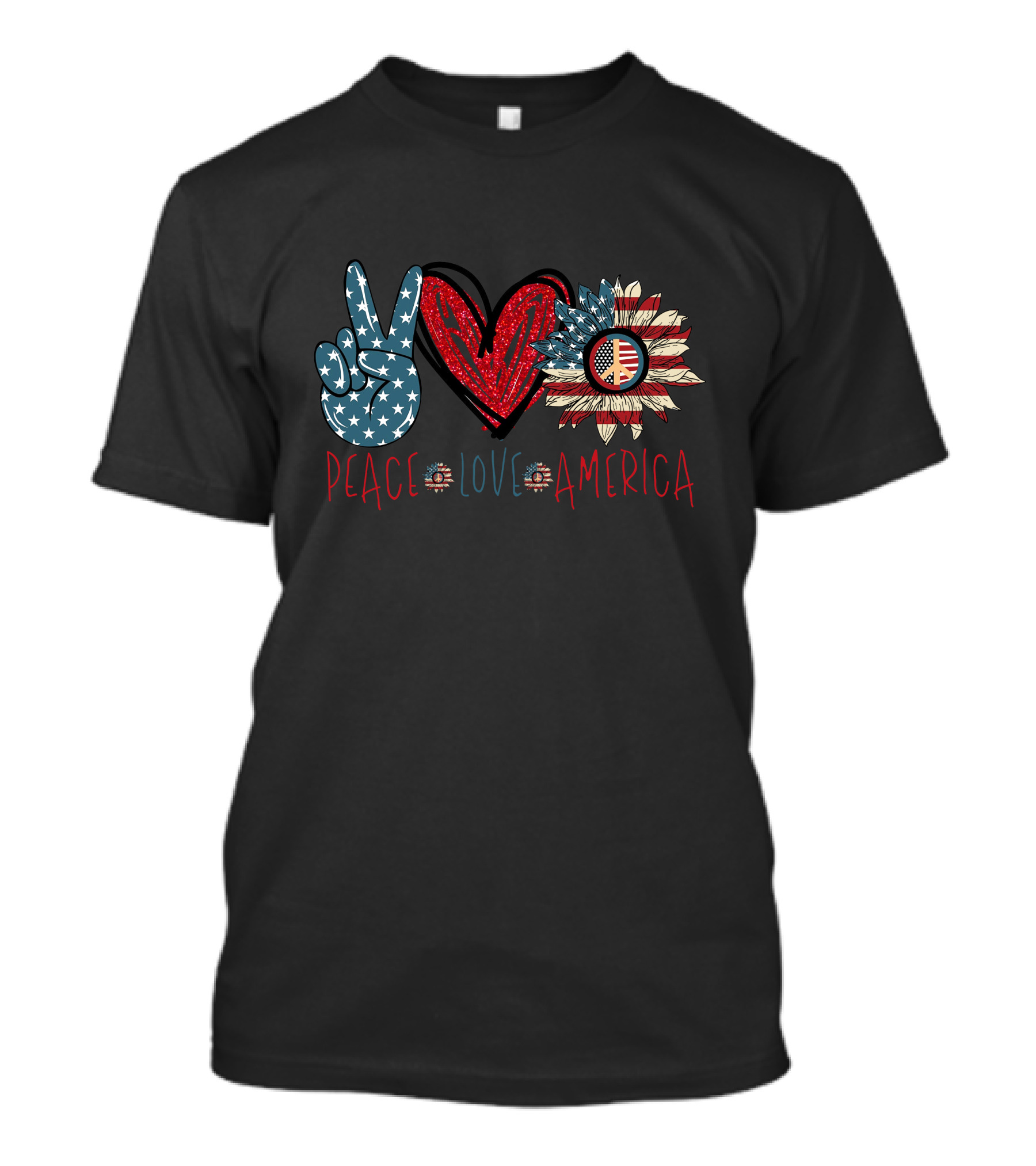 Peace Love America 4th Of July Patriotic Star Heart Sunflower T-Shirt