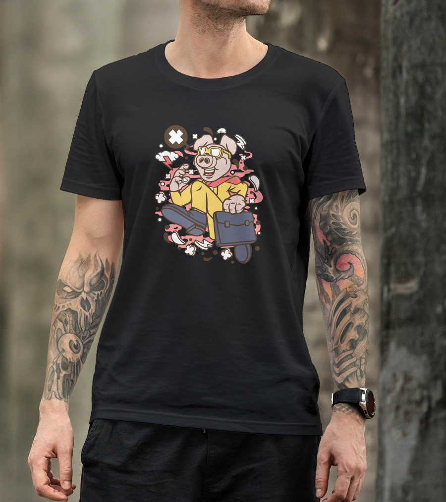 Running Pig Businessman With Briefcase In Superhero Costume And Glasses T-Shirt