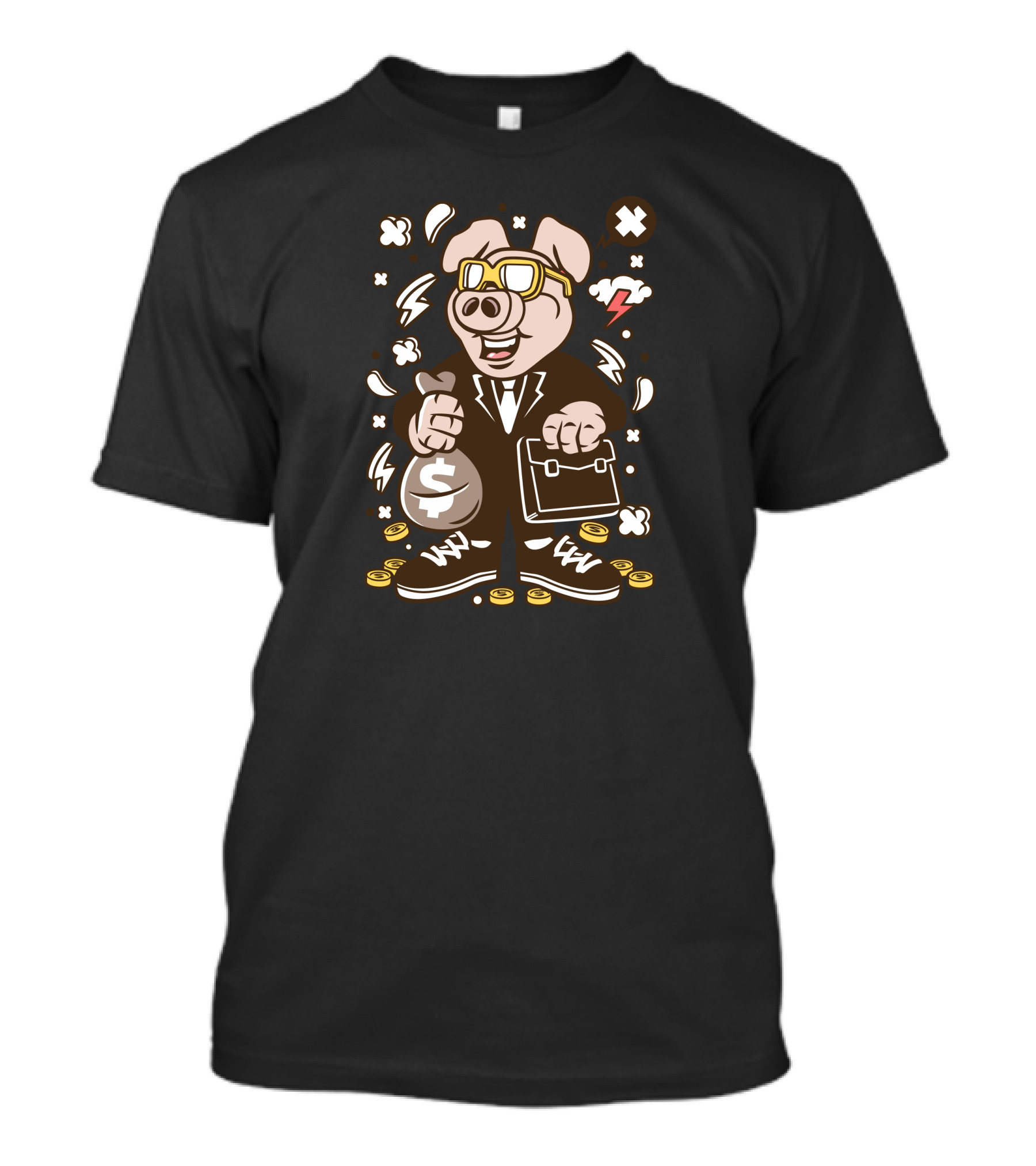 Pig Businessman Suitcase Money Lightning Sunglasses Coins T-Shirt