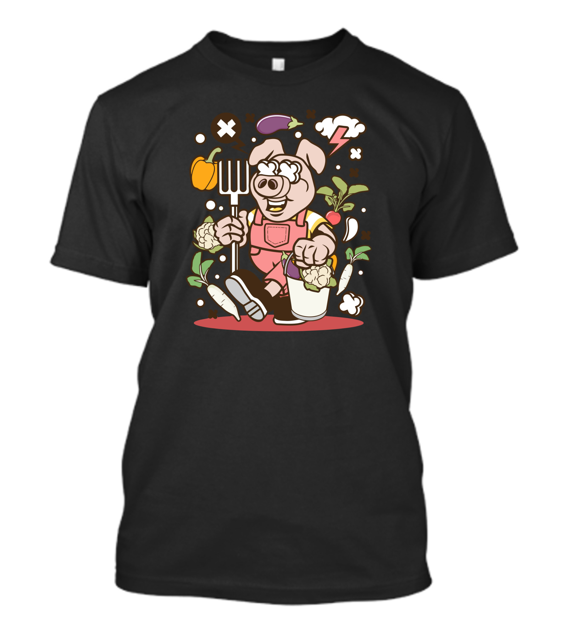 Pig Farmer Cartoon With Vegetables And Pitchfork T-Shirt