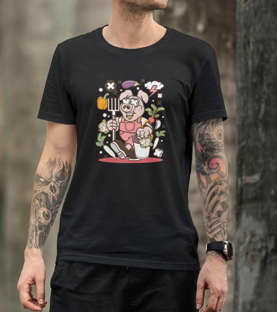 Pig Farmer Cartoon With Vegetables And Pitchfork T-Shirt