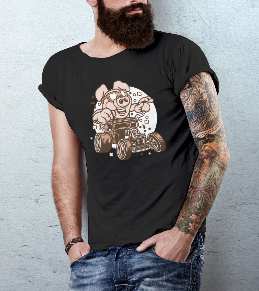 Pig Driving Vintage Hotrod Car Racing Adventure T-Shirt