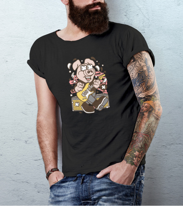 Pig Rocker Electric Guitar Amplifier Cartoon Character T-Shirt