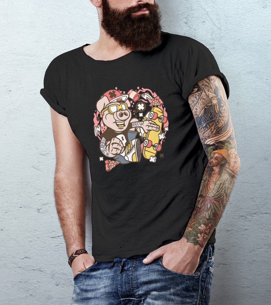 Pig Skater Pizza And Game Controller Adventure T-Shirt