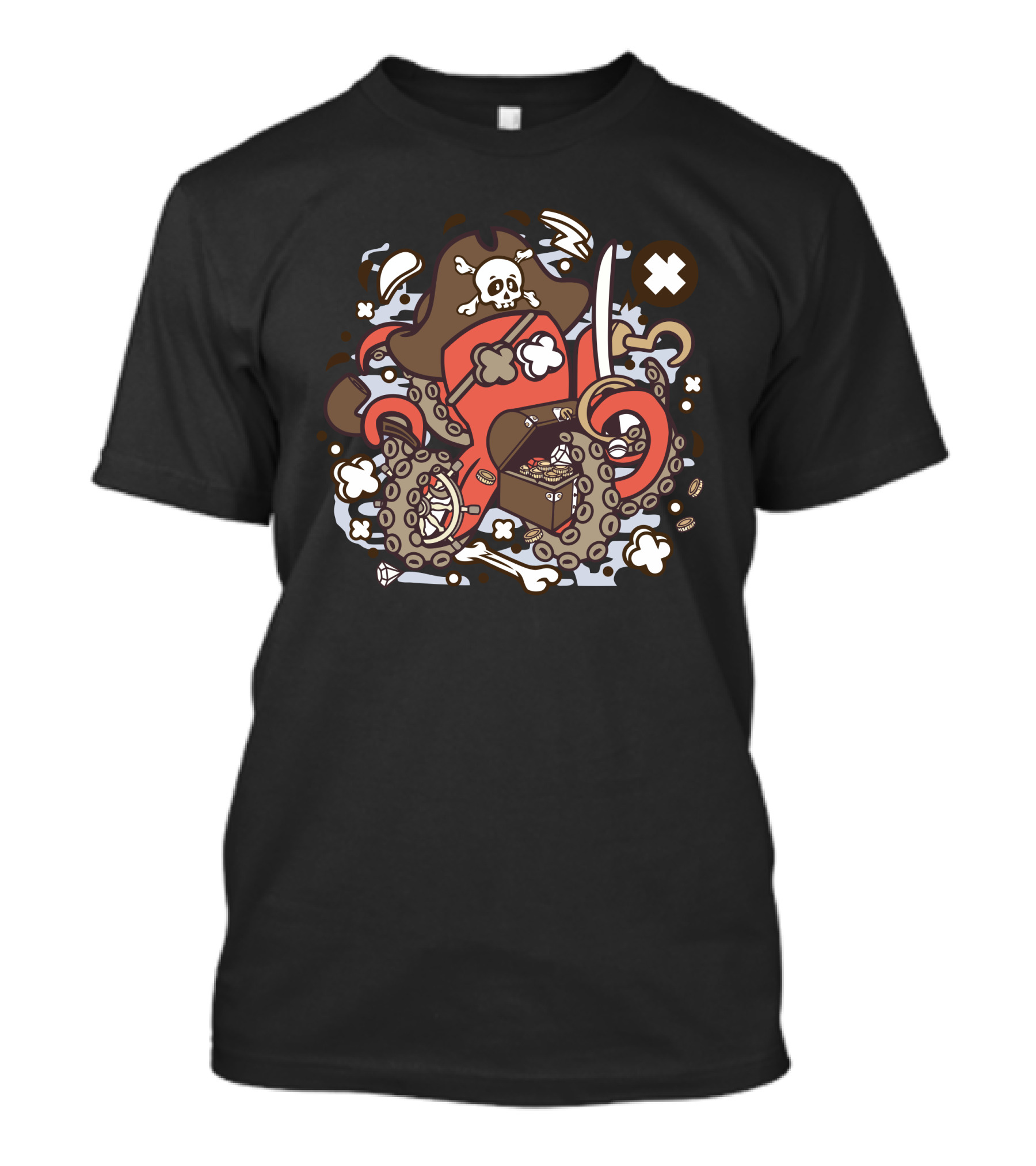 Pirate Hat Skull Octopus With Treasure Chest And Swords Characters T-Shirt