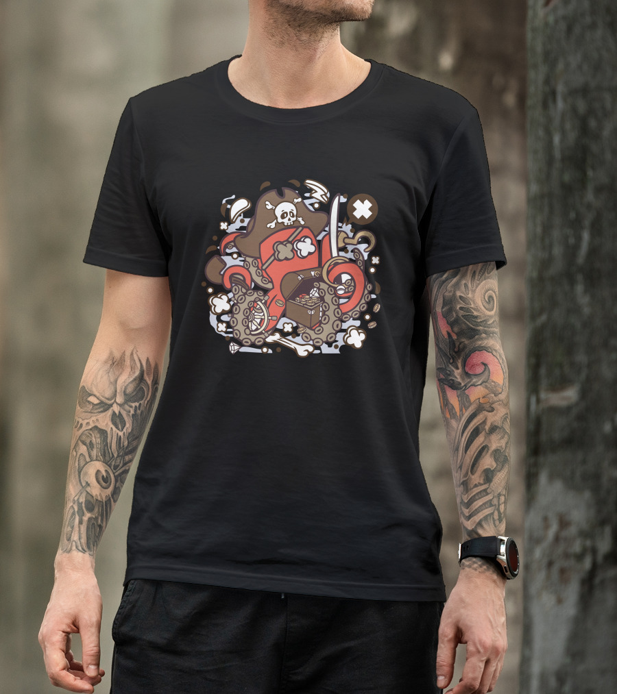 Pirate Hat Skull Octopus With Treasure Chest And Swords Characters T-Shirt
